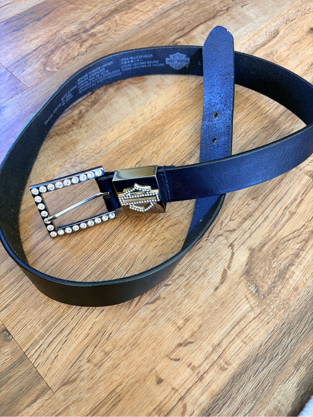 Harley-Davidson Black Leather Belt with Crystal Buckle and Shield Accent